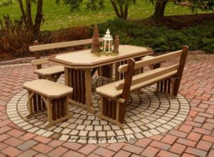 Garden dining benches and table, benches made of recycled plastic