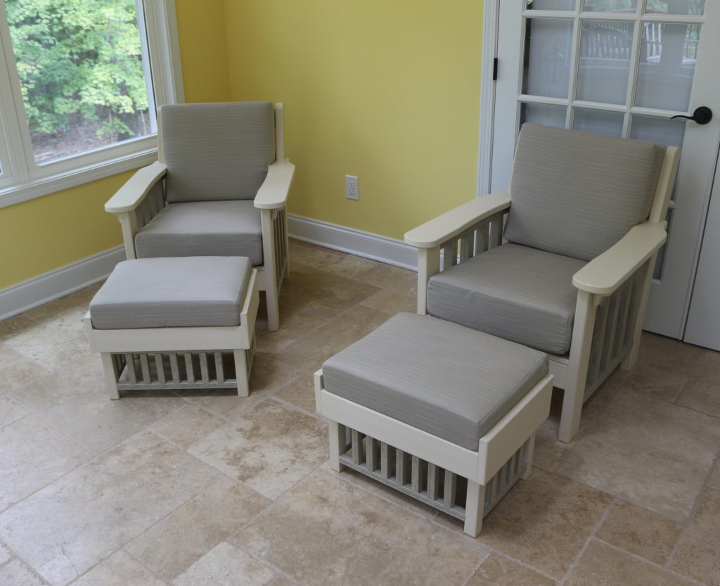 Mission Chairs & Ottomans with 7" Cushions in Ivory and Birch with Dupione Dove cushion by American Recycled Plastic